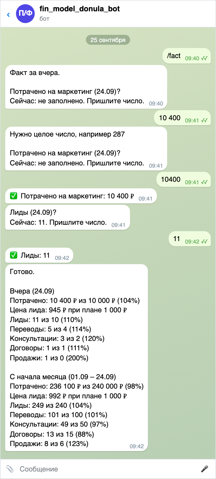 Ввод факта за вчера: число с пробелом бот не принял, в конце итоги