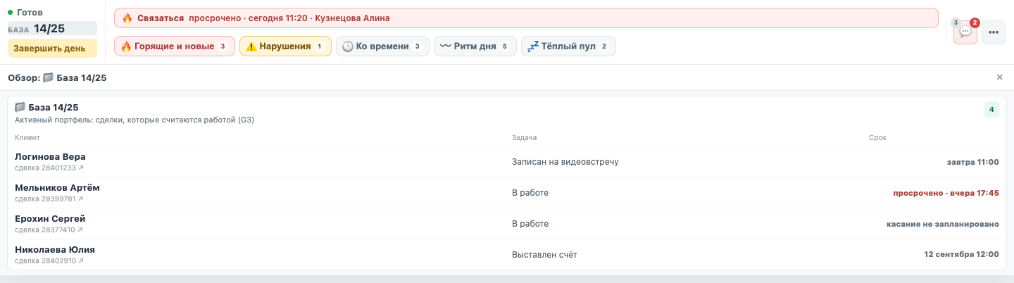 Список сделок активной базы